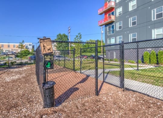 A fenced dog park area with a waste bin and bag dispenser on the left, adjacent to a modern apartment building under a clear blue sky at Stitchweld Apartments.