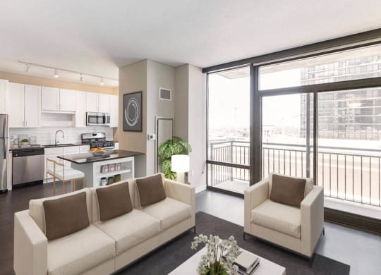 Nic on 5th Apartments in Minneapolis, Minnesota- Open concept living room and kitchen area with floor to ceiling windows