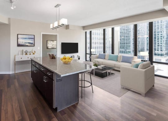 Nic on 5th Apartments in Minneapolis, Minnesota- Open concept area with wooden floors and granite countertops with floor to ceiling windows