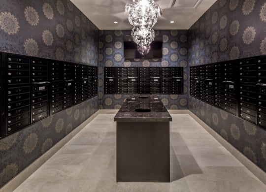 Nic on 5th Apartments in Minneapolis, Minnesota- mail room with marble countertops