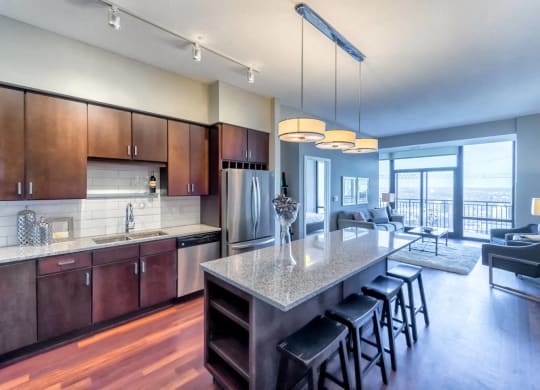 Nic on 5th Apartments in Minneapolis, Minnesota- Large common room with wooden cabinets, floors and granite countertops