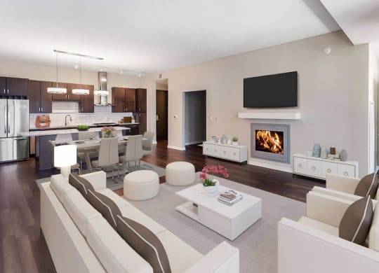 Nic on 5th Apartments in Minneapolis, Minnesota- large living room with wooden floors and views of Downtown West Minneapolis