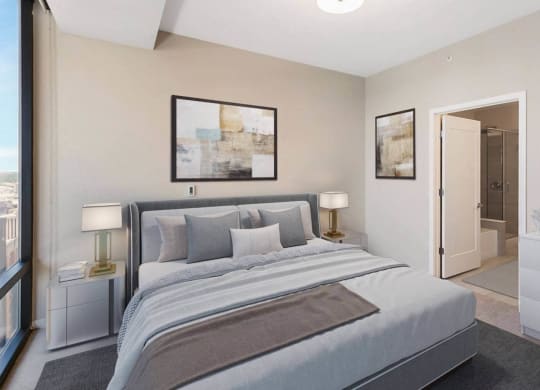 Nic on 5th Apartments in Minneapolis, Minnesota-  large bedroom with tall ceilings and Downtown West Minneapolis city views
