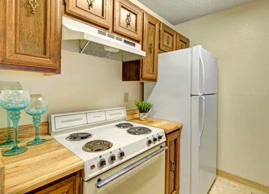 Compact kitchen here at Park Plaza Apartments with white appliances, including a stove and refrigerator. Wooden cabinets above, light countertop with teal glasses and a potted plant. Cozy vibe.
