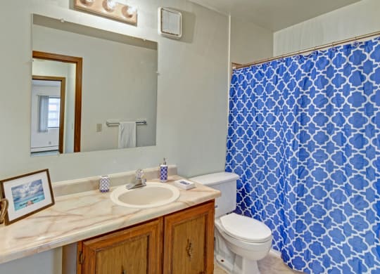 Bathroom here at Park Plaza Apartments with marble countertop and wood cabinets, blue geometric shower curtain, large mirror, framed beach photo, and a clean, bright atmosphere.