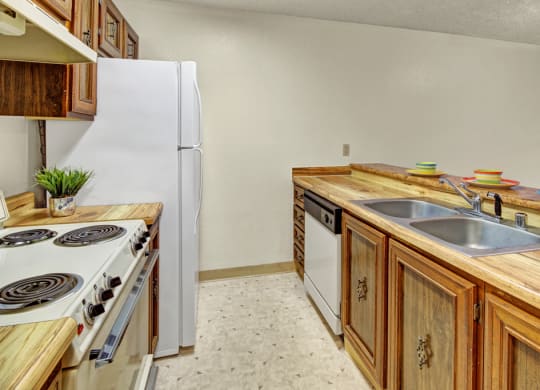 Cozy kitchen here at Park Plaza Apartments with wood cabinets, beige countertop, double sink, white appliances, and multicolored bowls atop the counter, exuding a vintage charm.