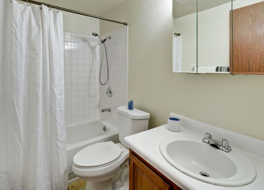 Small bathroom here at Ptarmigan Meadows with white tiled bathtub and shower, white curtain, toilet, and sink with wooden cabinet. Mirror cabinet and simple, clean decor.