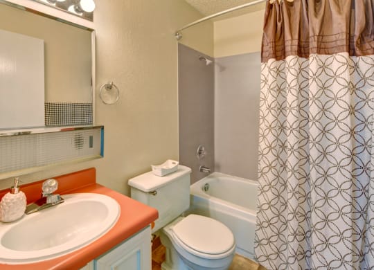 Compact bathroom here at Quiet Creek Apartments with red countertop, white sink, and decorative soap dispenser. White toilet next to a tub with a patterned shower curtain. Bright lighting conveys a clean and cozy atmosphere.