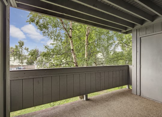 Covered balcony here at Russian Jack Apartments with wooden railing, beige carpet, and closed gray door, overlooking lush green trees. Bright sky and distant buildings create a peaceful setting.