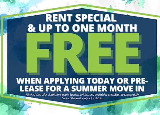 A sign advertises a rent special and up to one month free when applying for a summer move in.