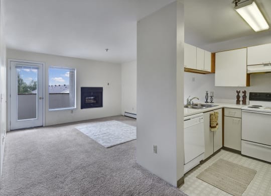 Cozy apartment interior here at Silver Ridge Apartments with carpeted living room, fireplace, and bright window. Adjacent kitchen has white appliances and cabinets, and a warm tone.