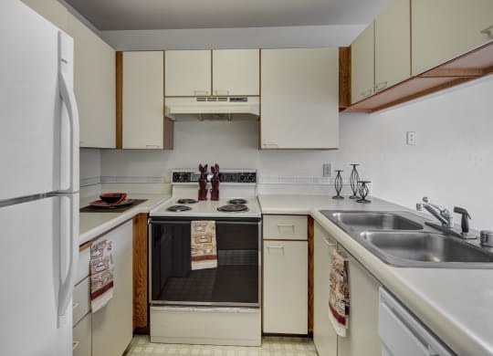 Compact kitchen here at Silverr Ridge Apartments with white cabinets and countertops, electric stove, refrigerator, and double sink. Decorative towels and figurines add warmth.