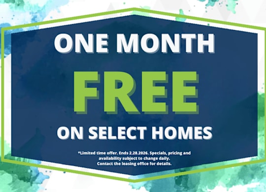 A promotional image offering a one month free on select homes.
