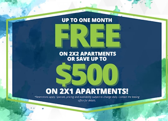 A promotional image offering free rent or a $500 credit for 2x1 apartments.
