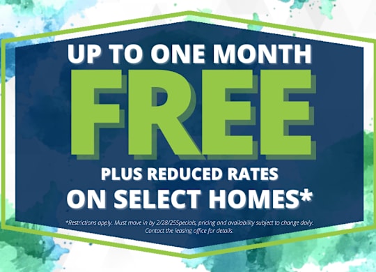 A promotional image advertising a free month and reduced rates on select homes.