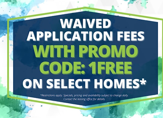 A promotional image offering waived application fees with a promo code.