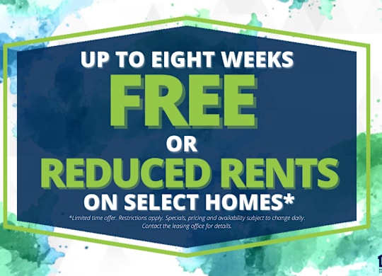A promotional image offering free or reduced rents on select homes for up to eight weeks.