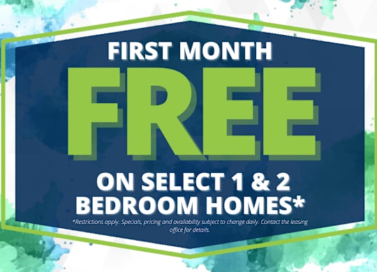 A promotional image offering a free first month on select 1 and 2 bedroom homes.