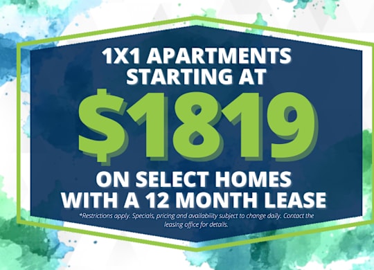 A promotional image advertising 1x1 apartments starting at $1819 on select homes with a 12 month lease.