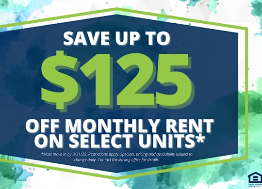 A promotional image advertising savings on monthly rent for select units.