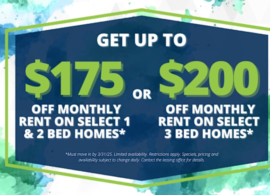 A promotional image offering up to $200 off monthly rent on select 3 bed homes.