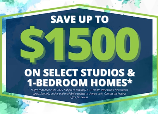 A promotional image advertising savings of up to $1500 on select studios and 1-bedroom homes.
