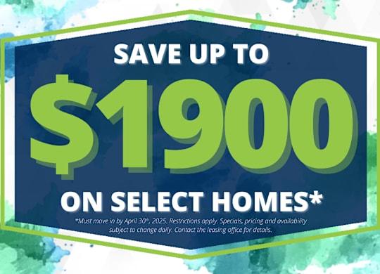 A promotional image advertising savings of up to $1900 on select homes.