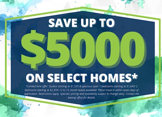 A promotional image advertising savings of up to $5000 on select homes.