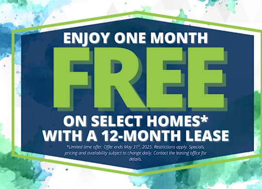 A promotional image offering a free month on select homes with a 12-month lease.
