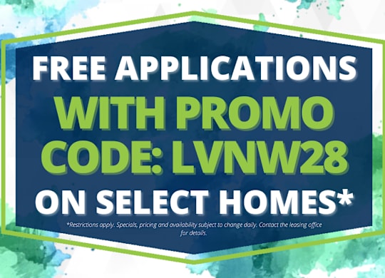 A promotional image offering free applications with a promo code for select homes.