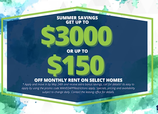 A promotional image offering summer savings on rent for select homes.