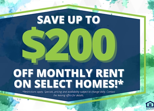 A promotional image offering up to $200 off monthly rent on select homes.