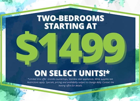 A promotional image advertising two-bedroom apartments starting at $1499.
