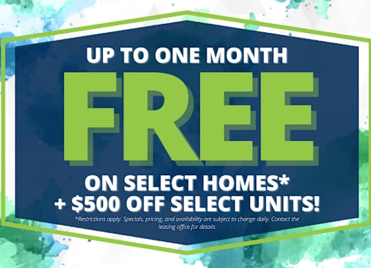A promotional image advertising a free month on select homes and $500 off select units.