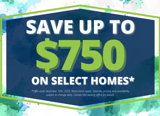 save up to 50 on select homes with a blue and green sign