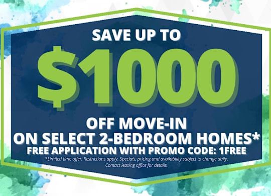 A promotional image offering up to $1000 off move-in on select 2-bedroom homes.