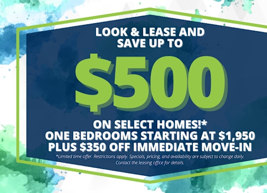 A promotional image for a lease offer with a $500 savings on select homes.