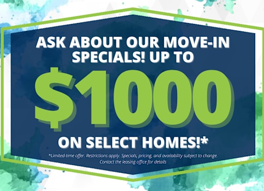 A promotional image advertising a move-in special of up to $1000 on select homes.