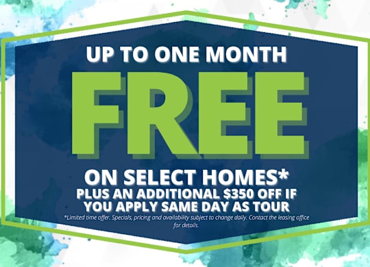 A promotional image advertising a free month on select homes with an additional discount.