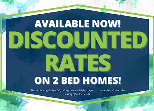 A promotional image advertising discounted rates on two bed homes.