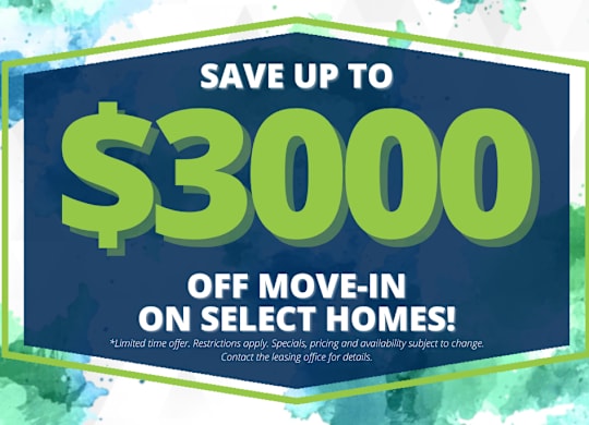 A promotional image offering up to $3000 off move-in on select homes.