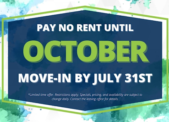 A promotional image offering a pay no rent until October deal.