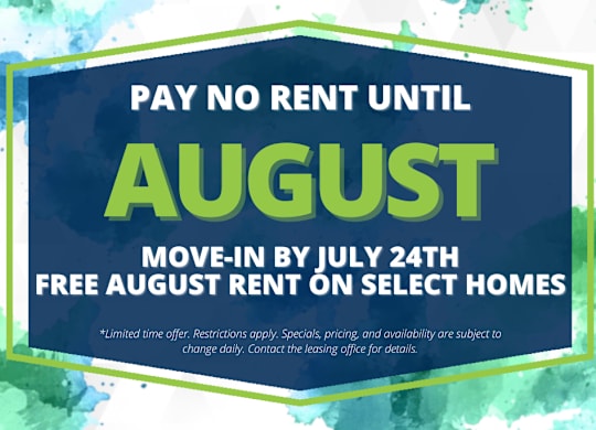 A promotional image offering free rent in August for new tenants who move in by July 24th.