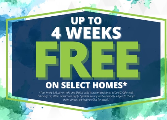 a sign that reads up to 4 weeks free on select homes