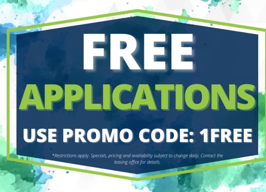a blue and yellow sign that says free applications use promo code free