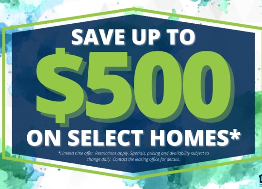 a save up to 50 on select homes sign