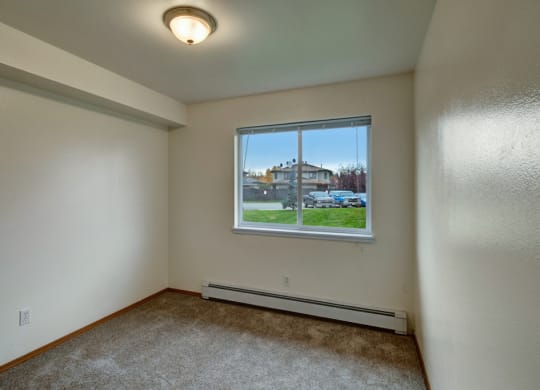 Small empty room here at Strawberry Lane Apartments with beige carpet and cream walls, featuring a ceiling light and a window overlooking parked cars and greenery, conveying a simple, quiet atmosphere.