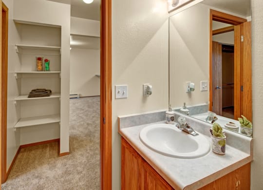 Small bathroom here at Strawberry Lane Apartments showing a sink with a mirror reflecting an adjacent room. Open shelving with towels and decor is visible to the left. Warm, inviting tones.