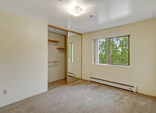 Empty beige-walled bedroom here at Susitna Ridge Apartment with carpet, a mirrored closet door, and a window revealing green trees outside. Bright and simple, evokes a calm atmosphere.