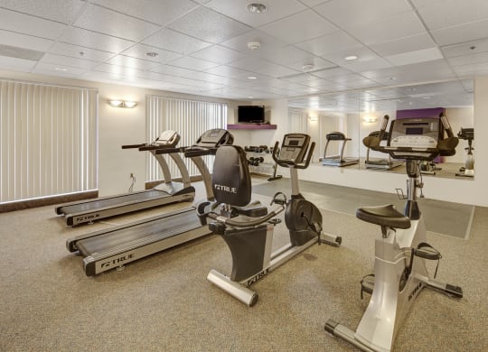 Bright gym here at Susitna Ridge Apartments with two treadmills, exercise bike, and elliptical on carpeted floor. Mirrors and windows create an open, airy feel. Dumbbells rest on a rack.